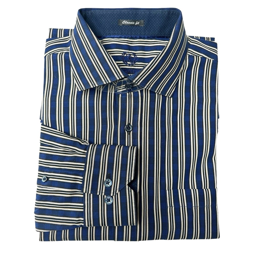 Bugatchi Uomo Mens Blue Striped Long Sleeve Classic Fit Pocket Button Down Shirt